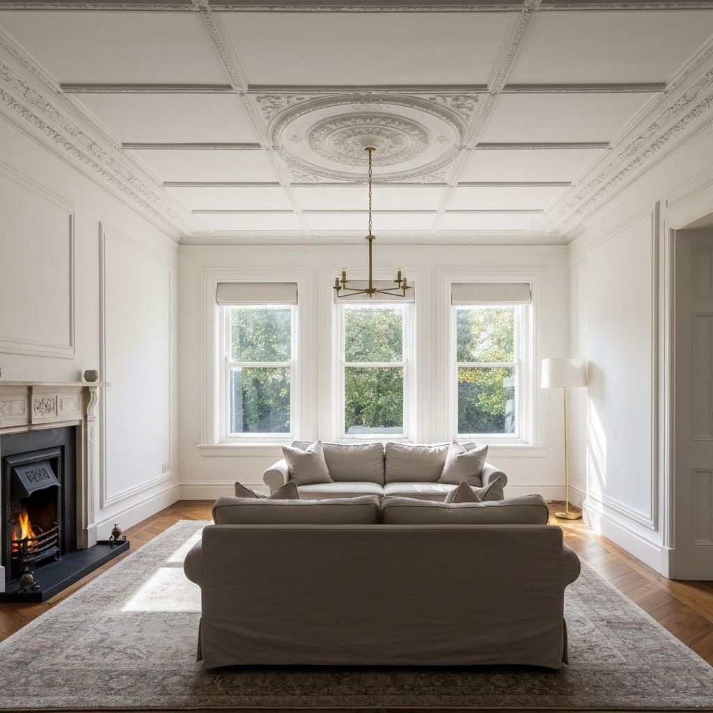 Living room with decorative coving
